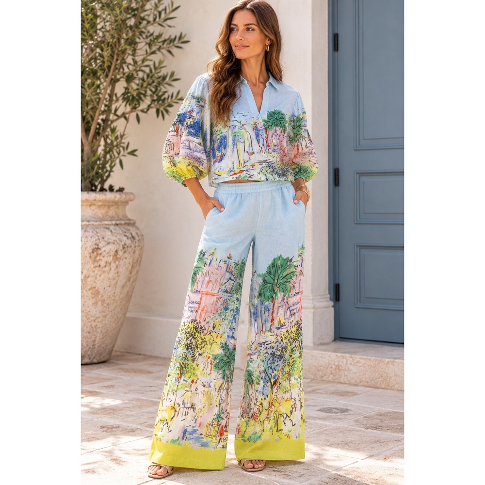 Elizabeth James The Label Vacation Linen Paloma Top Presley Pants Set Small